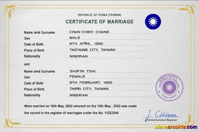 Taiwan marriage certificate